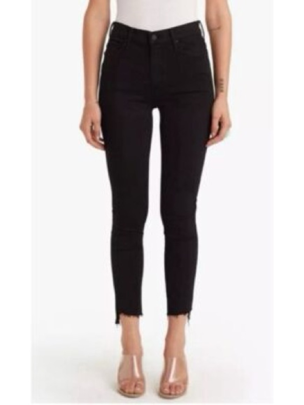 MOTHER the Stunner Black Ankle Step Fray Skinny Jeans